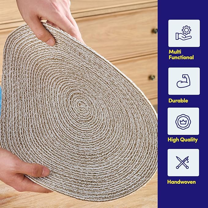 Round Placemats Set of 4-100% Cotton Two-Tone Placemat for Dining Table - Woven Braided Table Setting Place Mat - Washable Table Decor for Kitchen, Farmhouse, Rustic, Everyday Use, Eggshell
