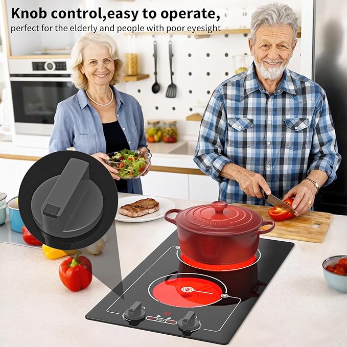 VBGK Electric cooktop,Built-in Design and Countertop Stove Top with Knob Control&Touch Control,9 Power Level, Timer & Kid Safety Lock,110-120V 2100W 2 burner Electric cooktop