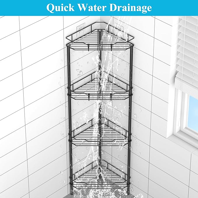 HuggieGems Metal Floor Standing Corner Shower Caddy, Matt Black, 4 Tier - Image 6