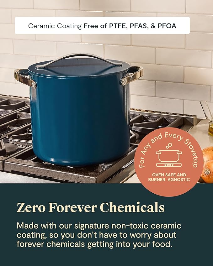 Caraway Stockpot - 12 Qt Ceramic Coated With Lid - Free From Forever Chemicals - Large Pot for Bigger Batches - Gray
