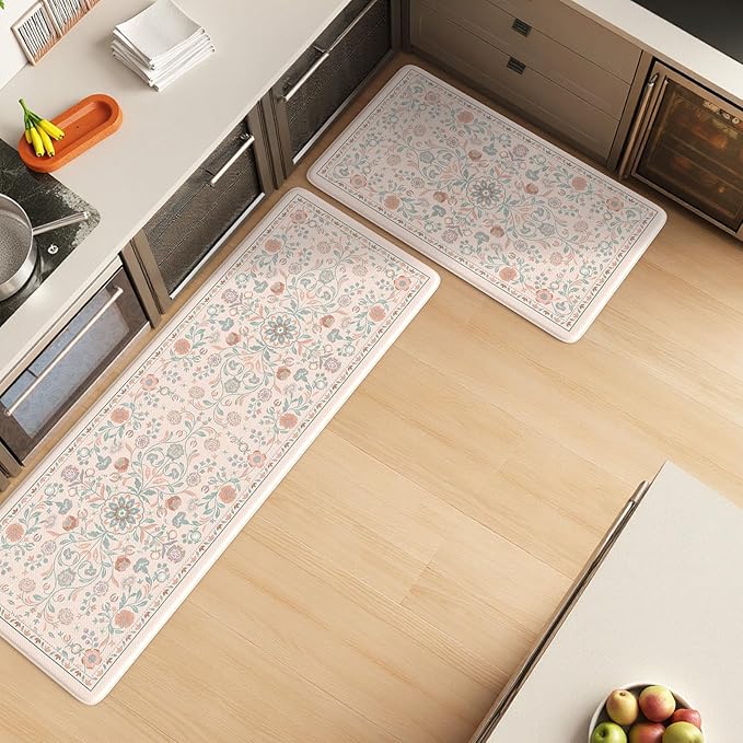KIMODE Comfort Kitchen Mats Cushioned Anti Fatigue,Boho Floral Kitchen Rugs Sets of 2 Non Slip,Padded Memory Foam Ergonomic Standing Carpet for Laundry Sink Office,Pink
