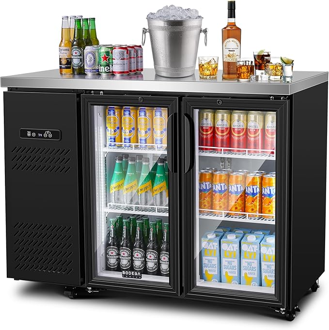 BODEGACOOLER Commercial Back Bar Cooler with 2 Glass Doors,12 Cu.Ft Stainless Steel Commercial Counter Height Bar Refrigerator,Display Drink Beverage Beer Fridge LED Lighting,SUS304 Top,4 Casters