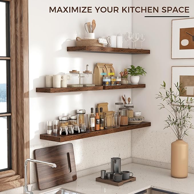Floating Shelves for Wall 48"W x 9"D x 1.5"H, Engineered Wood Wall Shelves with Invisible Brackets for Living Room Bedroom Bathroom Office Kitchen Decor and Storage, Rustic Brown Finish, Set of 2