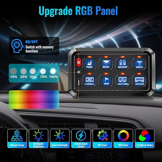 RGB 8 Gang Switch Panel,12-24V Bluetooth APP 230FT 433MHZ Long Range, Auxiliary Backlit Off Toggle Flash Multifunction Toggle Switch Momentary Circuit Control Relay System Box Universal for Car