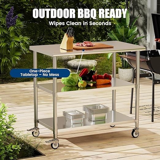 Stainless Steel Work Table with Wheels, 24x48 Inch NSF Kitchen Prep Table with 2 Adjustable Undershelves for Commercial Restaurant, Garage, Outdoor BBQ