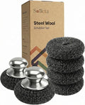 6 Pcs Steel Wool Scrubbers - Premium 304 Stainless Steel Metal Sponges for Cast Iron Skillets, Grill & Kitchen Pots - Rust Resistant, Non-Splintering Heavy Duty Scouring Pads for Tough Grease