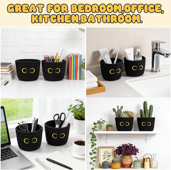 2 Pack Black Cat Makeup Brush Holder-Cute Cat Oval Mini Woven Basket - Image 5