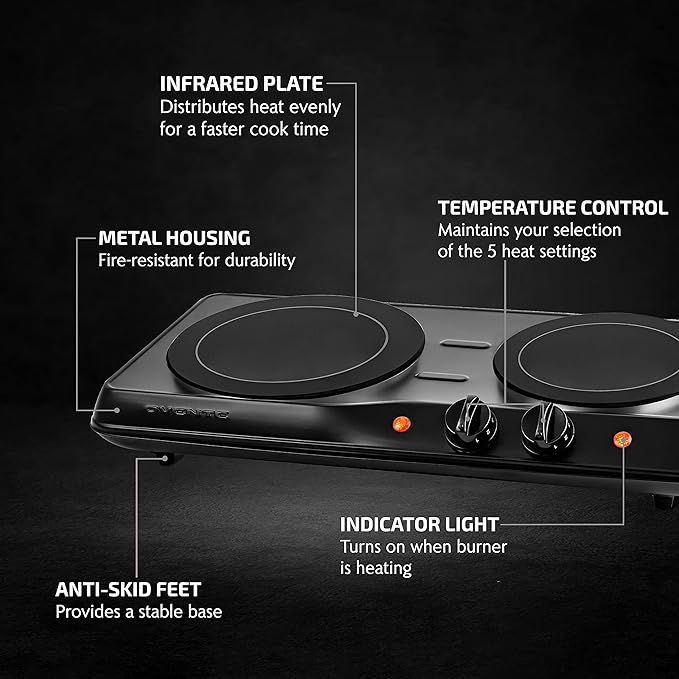 OVENTE Countertop Infrared Double Burner, 1700W Electric Hot Plate and Portable Stove with 7.75" and 6.75" Ceramic Glass Cooktop, 5 Level Temperature Setting and Easy to Clean Base, Black BGI102B