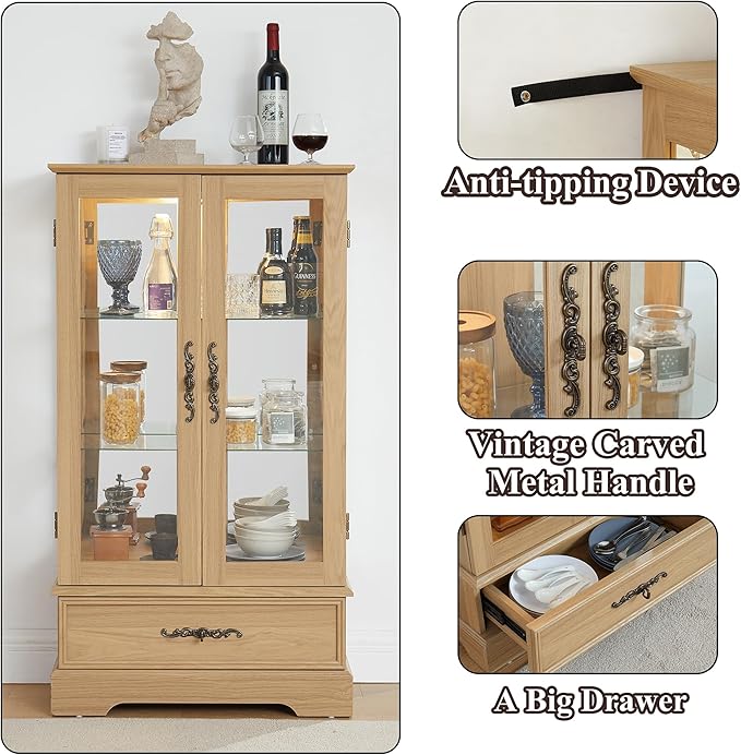 47" H Lighted Curio Cabinet Display Case, Glass Cabinets with Adjustable Shelves,Tempered Glass Door and Drawer, Wooden Curio Cabinet with Mirrored Back Pane for Living Room (Light Oak)