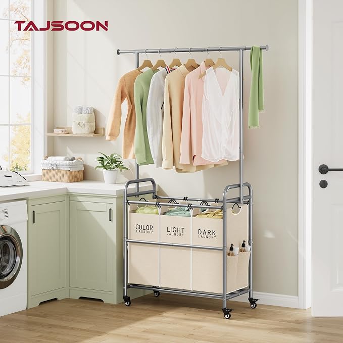 Tajsoon Laundry Hamper with Hanging Rack, Laundry Sorter 3 Section - Image 2