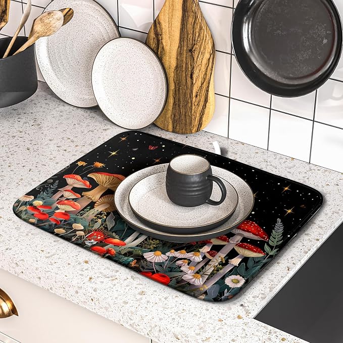 Black Mushroom Dish Drying Mat for Kitchen Counter Leaves Botanical Microfiber - Image 5