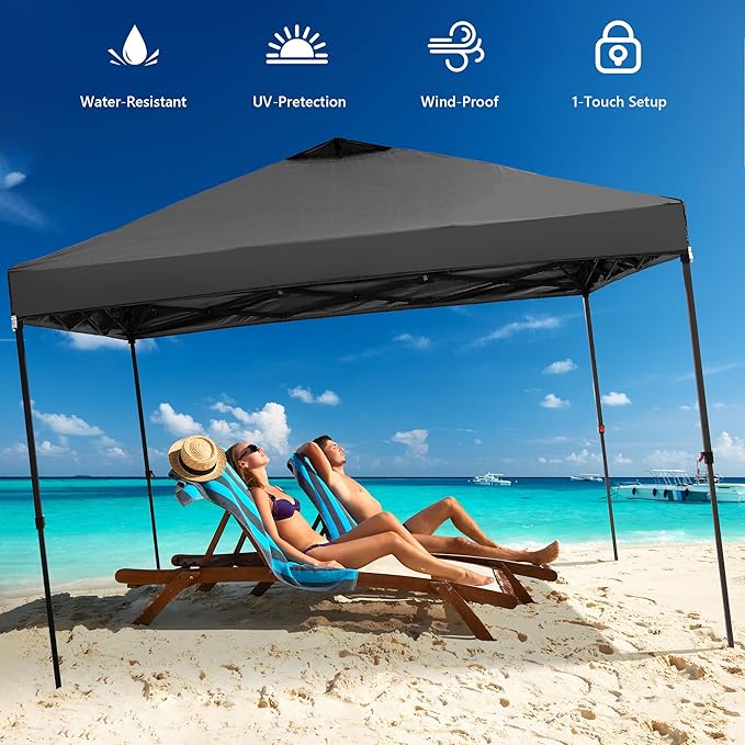 Saemoza 10x10 Pop Up Canopy Tent with One Push Setup, Portable Sun Shade Tent, Instant Easy Up Canopy with 4-Sidewalls & Handbag, Outdoor Fldable Gazebo with Vent Top, Black.