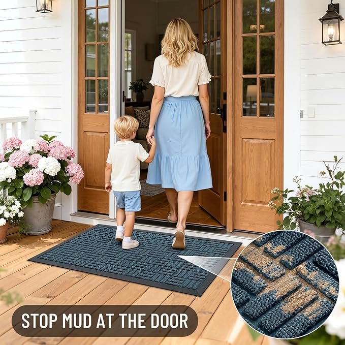 OLANLY Front Door Mat Outside Entrance 47x17, Absorbent, Heavy Duty Sturdy Natural Rubber Doormat Indoor Outdoor, Non-Slip, Stain and Fade Resistant, Low Profile Floor Mat for Entryway, Lake Blue