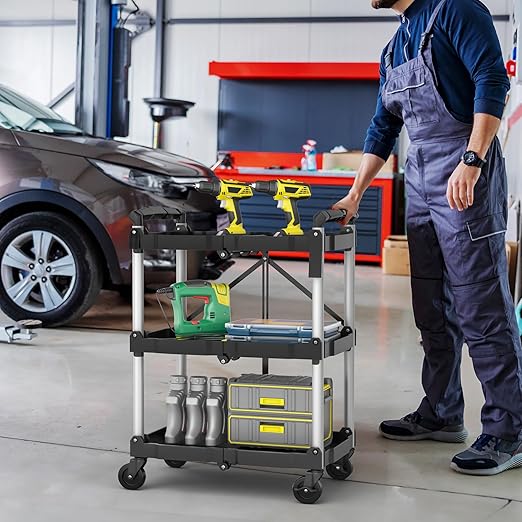 YITAHOME 240LBS Folding Utility Cart with Wheels, 3 Tier Foldable Service Cart Collapsible Rolling Cart with 360° Swivel Wheels (2 with Brakes), Portable Tool Cart for Home Garage Restaurant Office