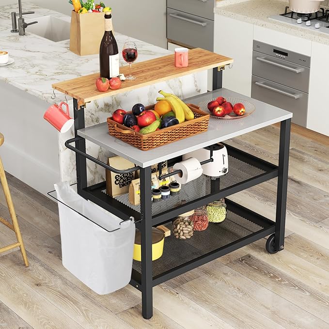 GOFLAME Outdoor Patio Cart Table, Kitchen Shelf on Wheels with Flip Top, Trash Bag Holder, Movable Hooks, Side Handle, Rolling Dining Grill Table, 4-Tier Serving Cart for Home, Bar, with Chairs