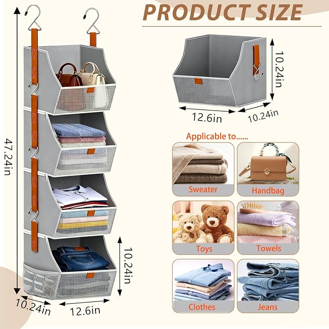 Fabric Hanging Closet Clothes Organizers and Storage Detachable 4 Tier | - Image 2