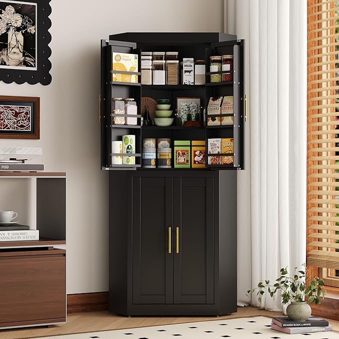 63" Tall Metal Corner Kitchen Pantry Cabinet, Steel Storage Cabinets with 4 Doors and 3 Shelves, Kitchen Food Cabinets with 6 Door Panel Shelves, Farmhouse Cupboard for Kitchen Dining, Black