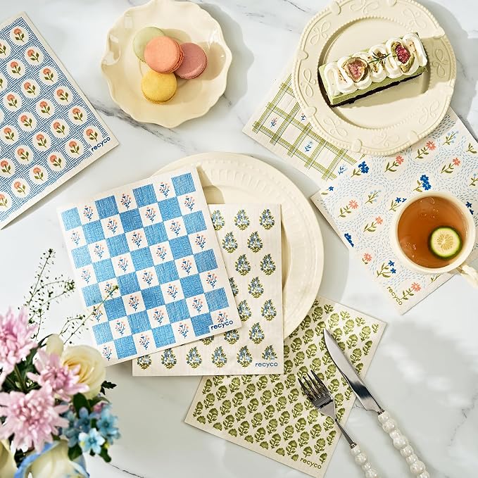 RECYCO Swedish Dishcloths for Kitchen | 6 Packs Bloom Tiles Washable Dish Rags - Image 2