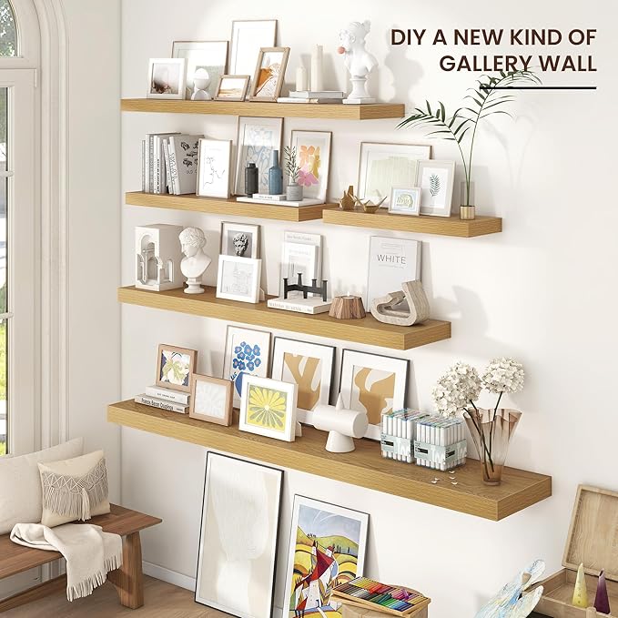 Floating Shelves for Wall 72"W x 11.6"D x 2"H, Long Engineered Wood Wall Shelves with Invisible Brackets for Living Room Bedroom Bathroom Office Kitchen Decor and Storage, Oak Finish, Set of 1