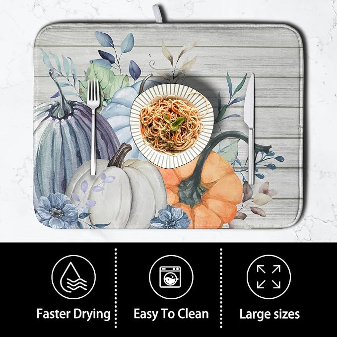 Fall Blue Orange Grey Pumpkin Kitchen Dish Drying Mat - Image 4