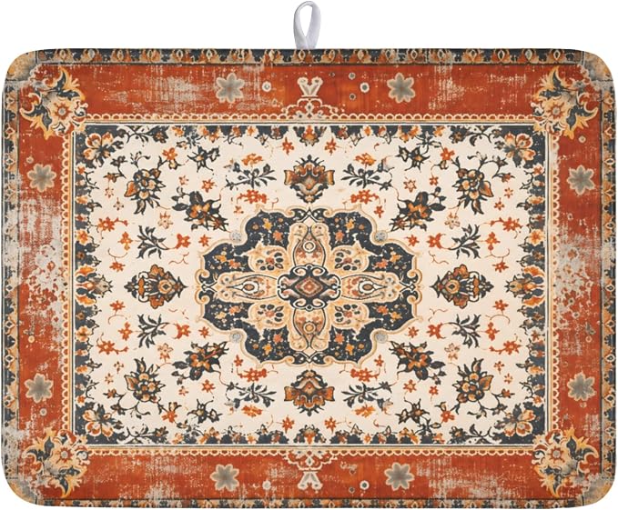 Giwawa Ethnic Boho Dish Drying Mat Rust Coral Floral Decorative Dishes Pad by Giwawa