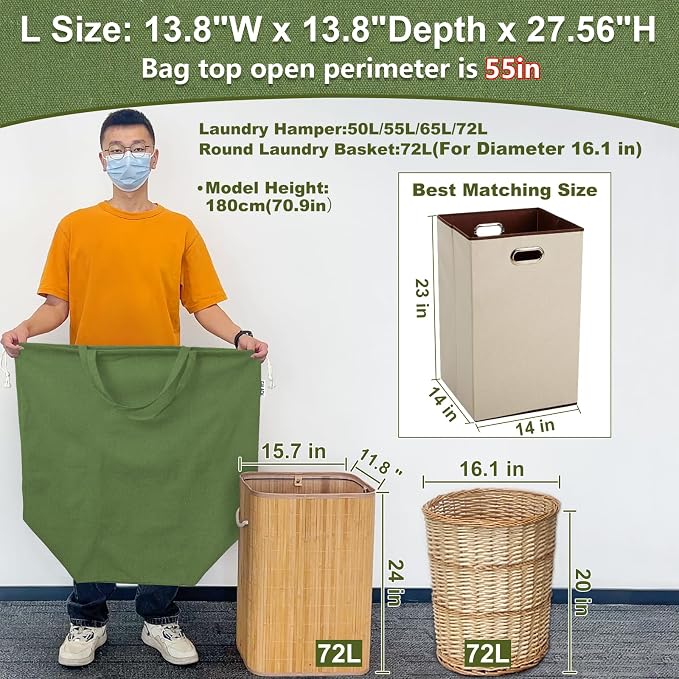 Canvas Laundry Bags with Handles & Square Base 13.8"Wx13.8"Dx27.6"H - Image 3