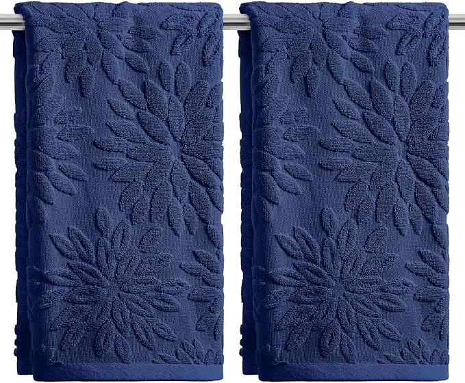 Artoid Mode 2 Pcs Navy Blue 3D Dahlia Floral Jacquard Hand Towels by ArtoidMode