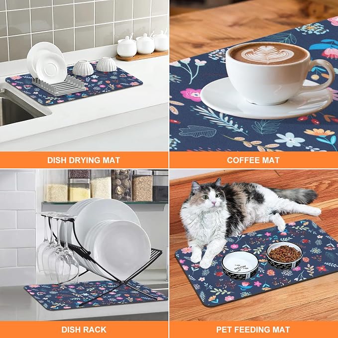 LOKHOM 12"x20" Dish Drying Mat，Colorful Floral Coffee Mat Blue | Colorful - Image 4