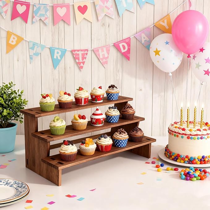 3 Tier Cupcake Stand Wood - Wooden Cupcake Display Stand, Rustic Wooden Riser, Display Shelf for Vendors, Cup Cake, Dessert, Spice Rack, Candles, Matcha Station, Install in 30s