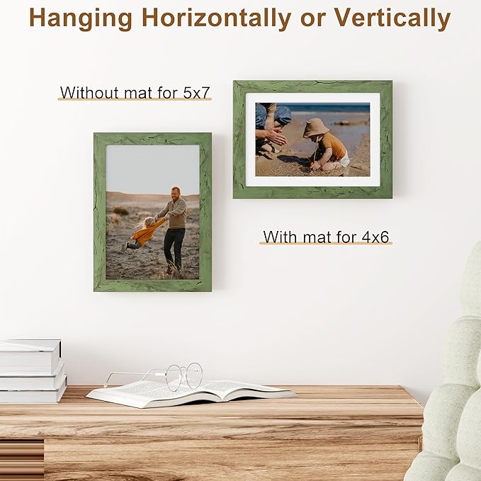 Vittanly 5x7 Picture Frame, Solid Wood Frame with Plexiglass, Includes 4x6 Mat, Wall Hanging or Tabletop for Home Decor, Rustic Green, 1 Pack