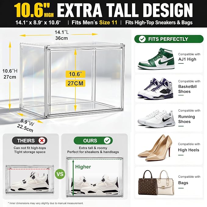 5 Pack Clear High-Top Sneaker Boxes, Wide Magnetic Door, Acrylic Shoe Box - Image 2