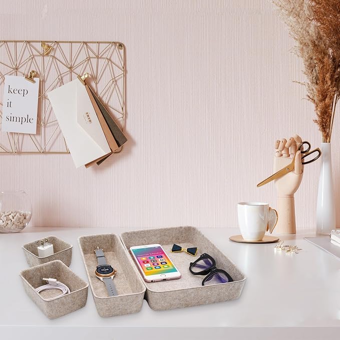 8pc Nordic Felt Desk Drawer Organizer Tray Beige Oatmeal Storage Bin | - Image 5