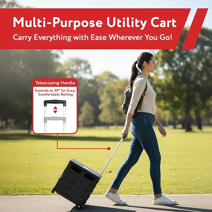 dbest products Quik Cart Pro Wheeled Rolling Crate Teacher Utility with seat Heavy Duty Collapsible Basket with Handle, Aluminum, Black