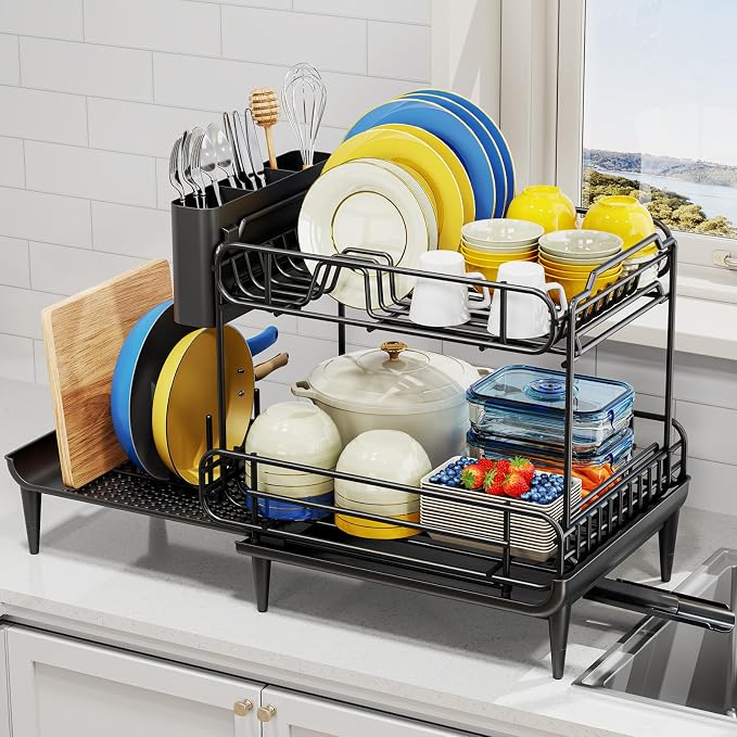 Urackify Dish Drying Rack for Kitchen Counter, Expandable 2 Tier Dish Rack by Urackify