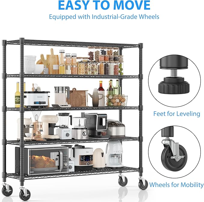 Homdox Heavy Duty Metal Shelves for Storage, 5 Tier Storage Racks and Shelving, Commercial Adjustable Wire Shelving Unit on Wheels, Garage Rack Pantry Shelves Kitchen Shelving, 18"x60"x82", Black