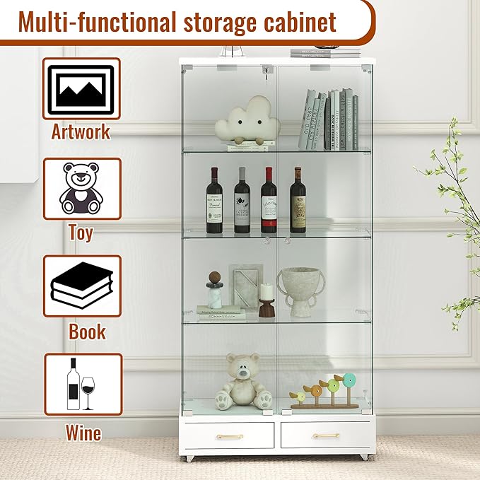 Yoluckea 4 Tier Glass Display Cabinet with LED Lighting and 2 Drawers, 2 Doors Floor Standing Curio Cabinet with Wheel for Home, Office, Corner Display, White Glass Bookshelf for Collections and Decor