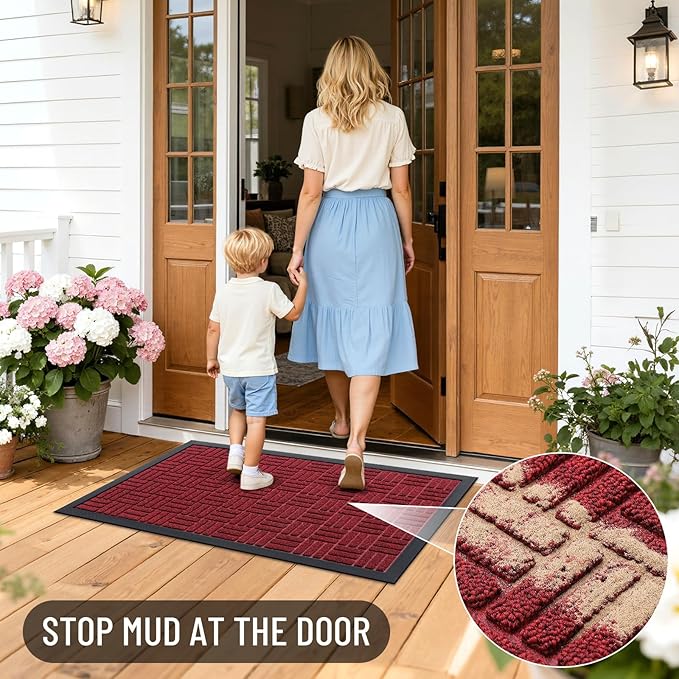 OLANLY Front Door Mat Outside Entrance 47x23, Absorbent, Heavy Duty Sturdy Natural Rubber Doormat Indoor Outdoor, Non-Slip, Stain and Fade Resistant, Low Profile Floor Mat for Entryway, Black Red