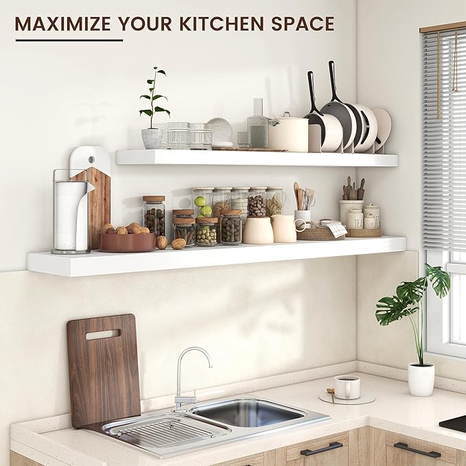 Floating Shelves for Wall 72"W x 11.6"D x 2"H, Long Engineered Wood Wall Shelves with Invisible Brackets for Living Room Bedroom Bathroom Office Kitchen Decor and Storage, White Finish, Set of 1