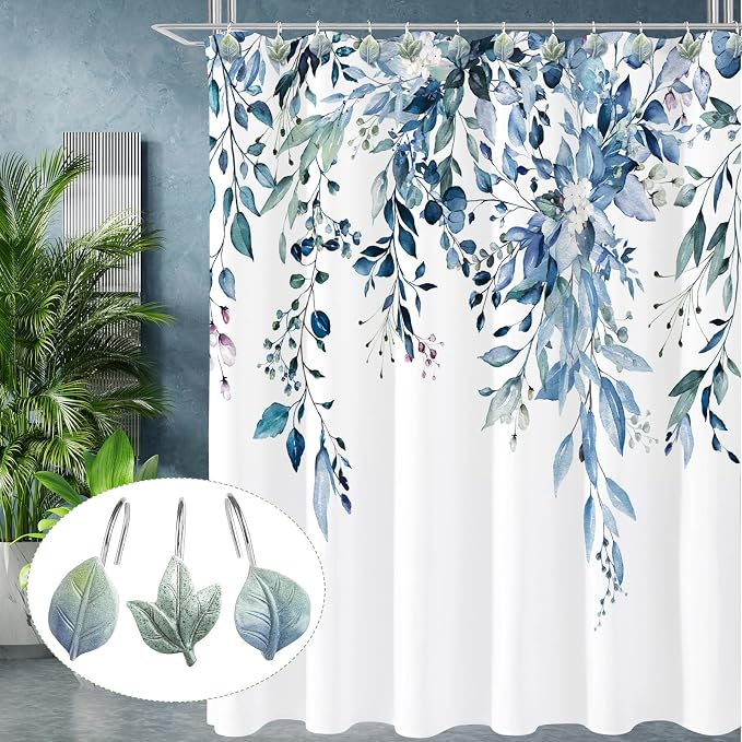 Blue Plant Leaf Shower Curtain Hooks, Eucalyptus Bathroom Decor, Metal Rustproof - Image 4