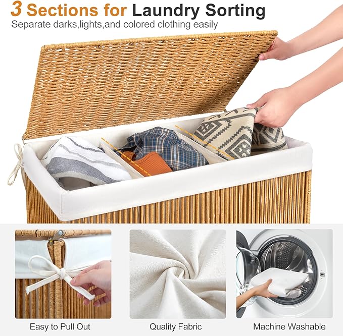 WOWLIVE Laundry Basket 3 Section, Handwoven Laundry Hamper - Image 5