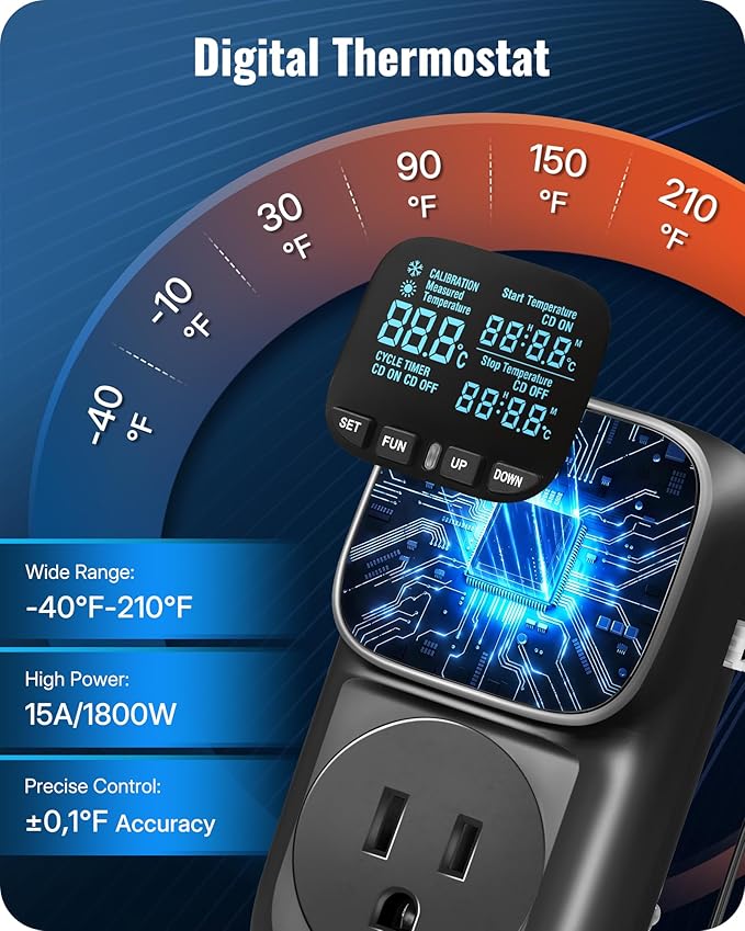 Digital Temperature Controller Outlet, 15A/1800W Heavy Duty Thermostat Plug, VA LCD Display, Heating/Cooling Control, -40°F~210°F, 4 Timer Modes, for Greenhouse Incubator Homebrew B01TC06