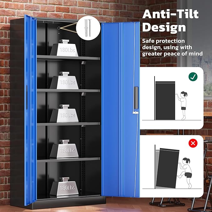 Greenvelly Metal Garage Storage Cabinet with 2 Doors and 4 Adjustable Shelves, 72" H Lockable Storage Cabinet,Tall Metal Cabinet Locking File Cabinet for Office,Home, Garage, Gym, School