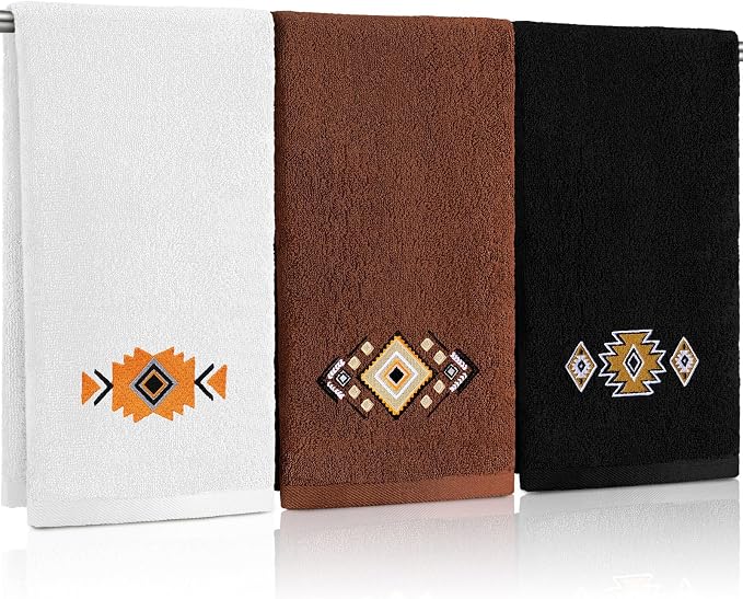 3 Pcs Western Aztec Hand Towels Southwestern Bathroom Decor | Embroidered by FuWeave