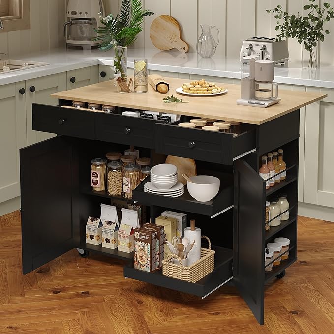Garvee Rolling Kitchen Island Cart with Power Outlet & Drop Leaf, Kitchen Storage Cabinet On Wheels with 3 Drawers, Spice Rack & Towel Rack, Mobile Island Table for Kitchen