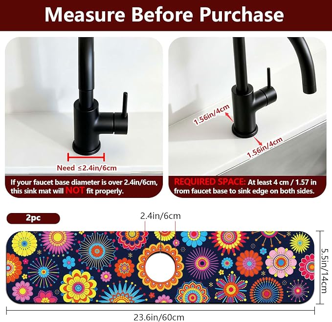 2 Pcs Kitchen Sink Splash Guard Faucet Mat Brilliant Floral Textures Faucet Mat - Image 2