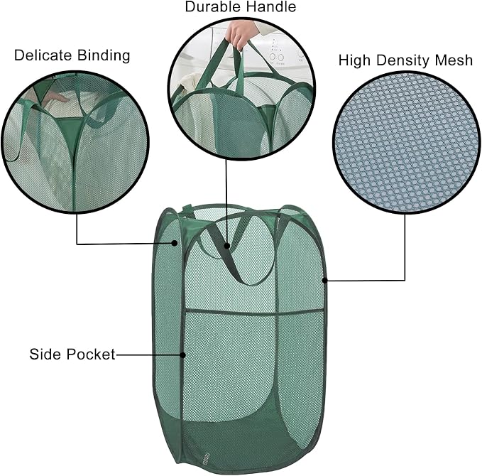 Pop Up Laundry Hamper Thick Mesh Collapsible Laundry Baskets, Large Side Pocket - Image 6