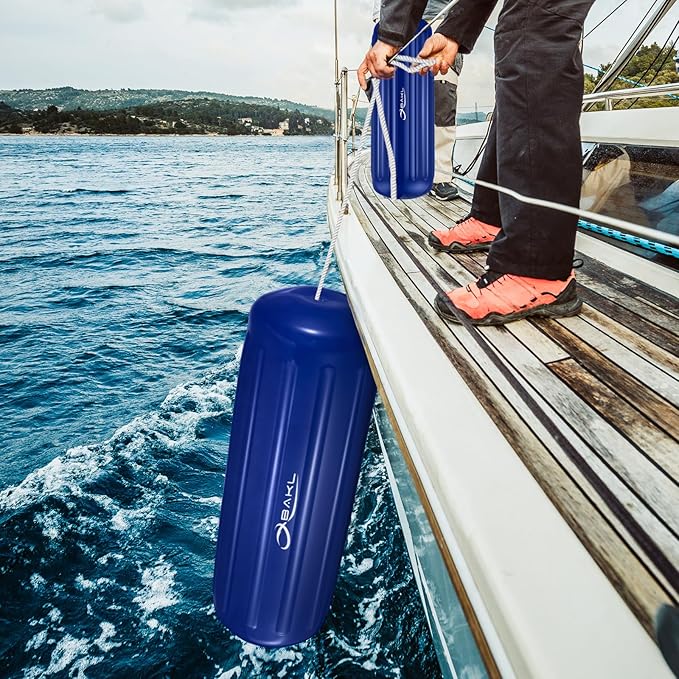 Boat Fenders 4 Pack 10 x 28 Inches Ribbed Center Hole Boat Fenders Bumpers for Docking, Comes with Ropes and Pump to Inflate