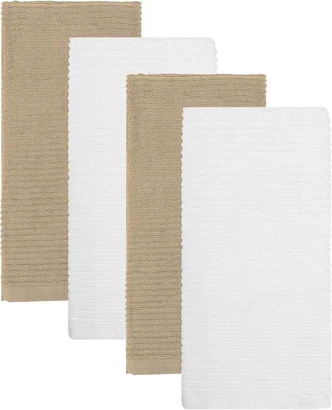 Kitchen Hand Towels Set of 4 Cotton Ribbed Taupe and White Hand Towels - Image 2