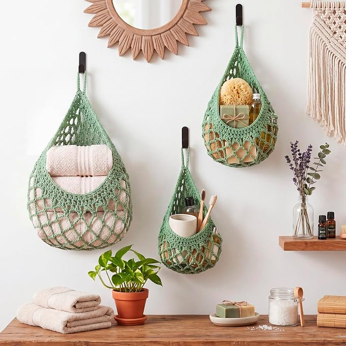 Honeydak 3 Hanging Baskets, Sage Green, Cotton Rope - Image 5