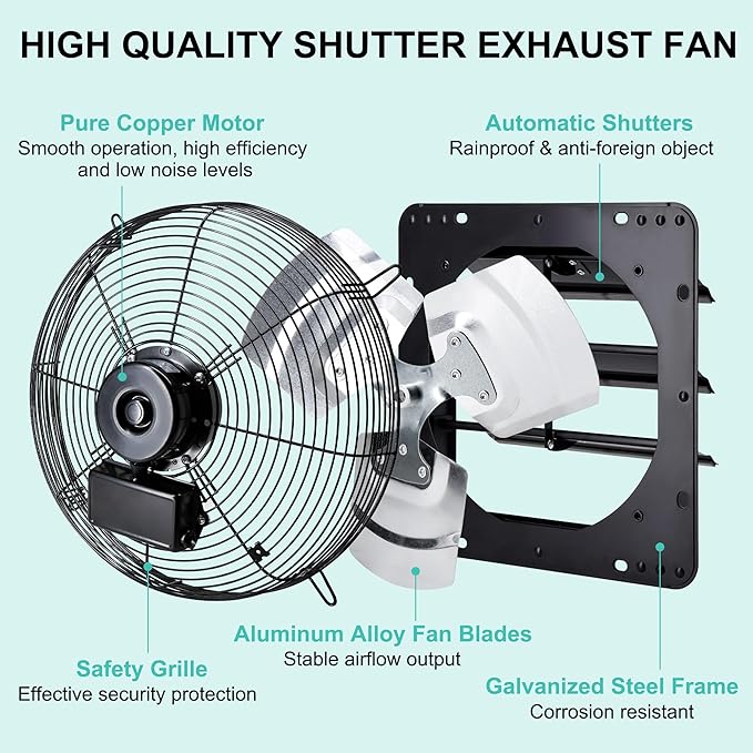 14 Inch Shutter Exhaust Fan for Greenhouse, Shed, Garage, Barn, Chicken Coop Ventilation, 1088 CFM High Power Wall Mount Attic Fan with Speed Controller and Power Cord, Black